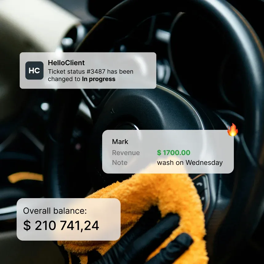 CRM for car wash: company balance overview, customer card with visit history and employee notifications