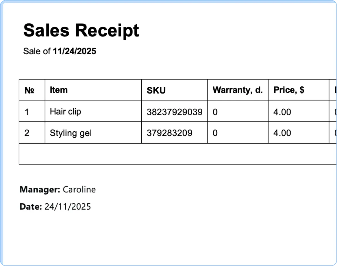 Ready-made templates for receipts, intake receipts and work completion certificates in HelloClient CRM