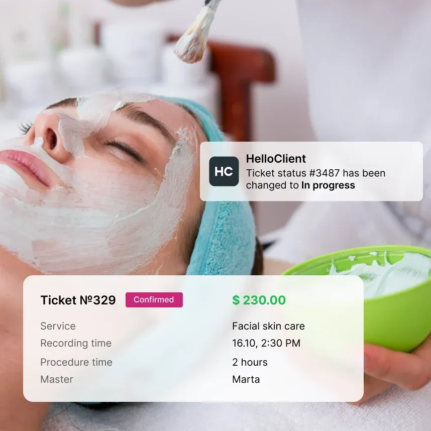 CRM for beauty salon: client appointment card, service history and notifications for specialists