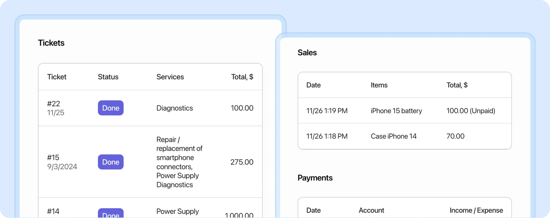 Complete customer interaction history in their profile: orders, sales, payments