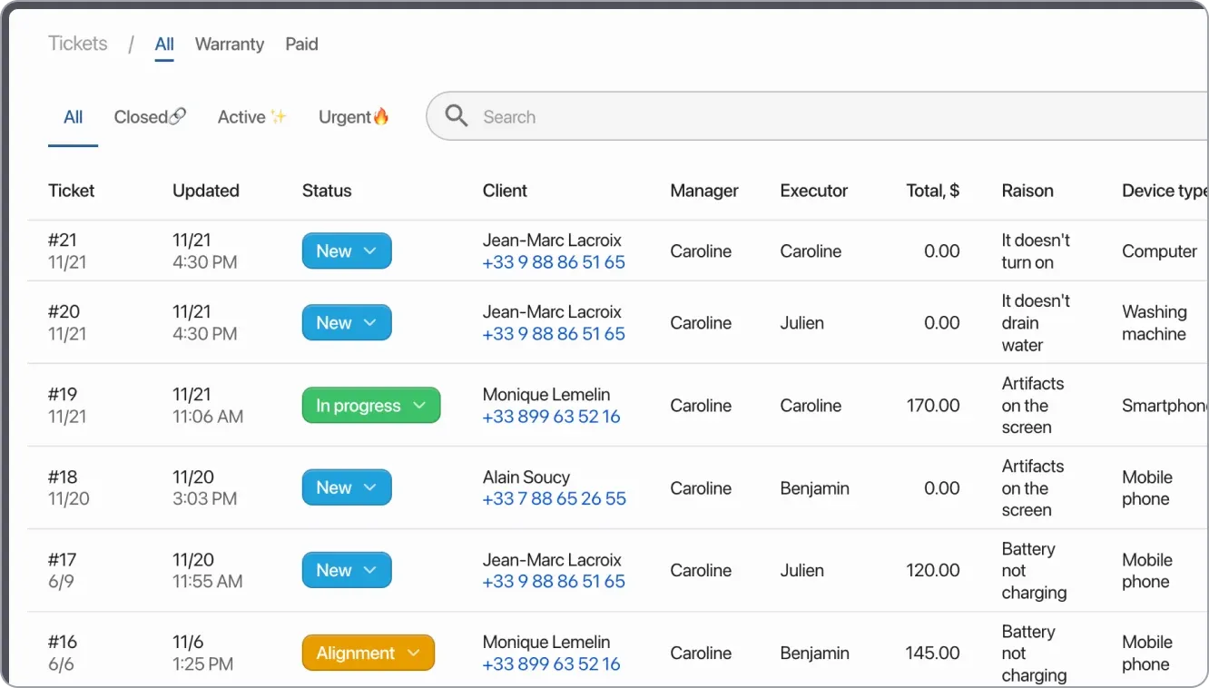 HelloClient CRM interface. All orders in one place. Order filtering by statuses, types, performers and other fields