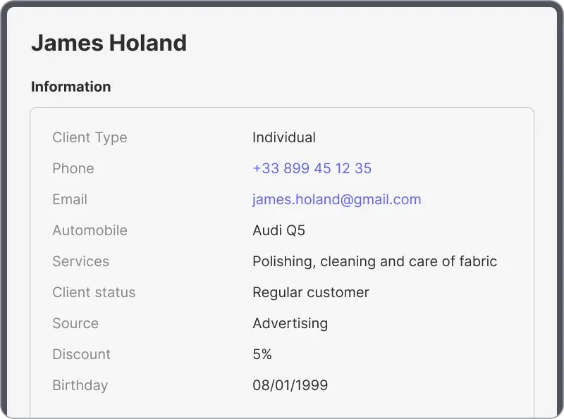 Customer card with all necessary fields. Ability to create custom fields with directories