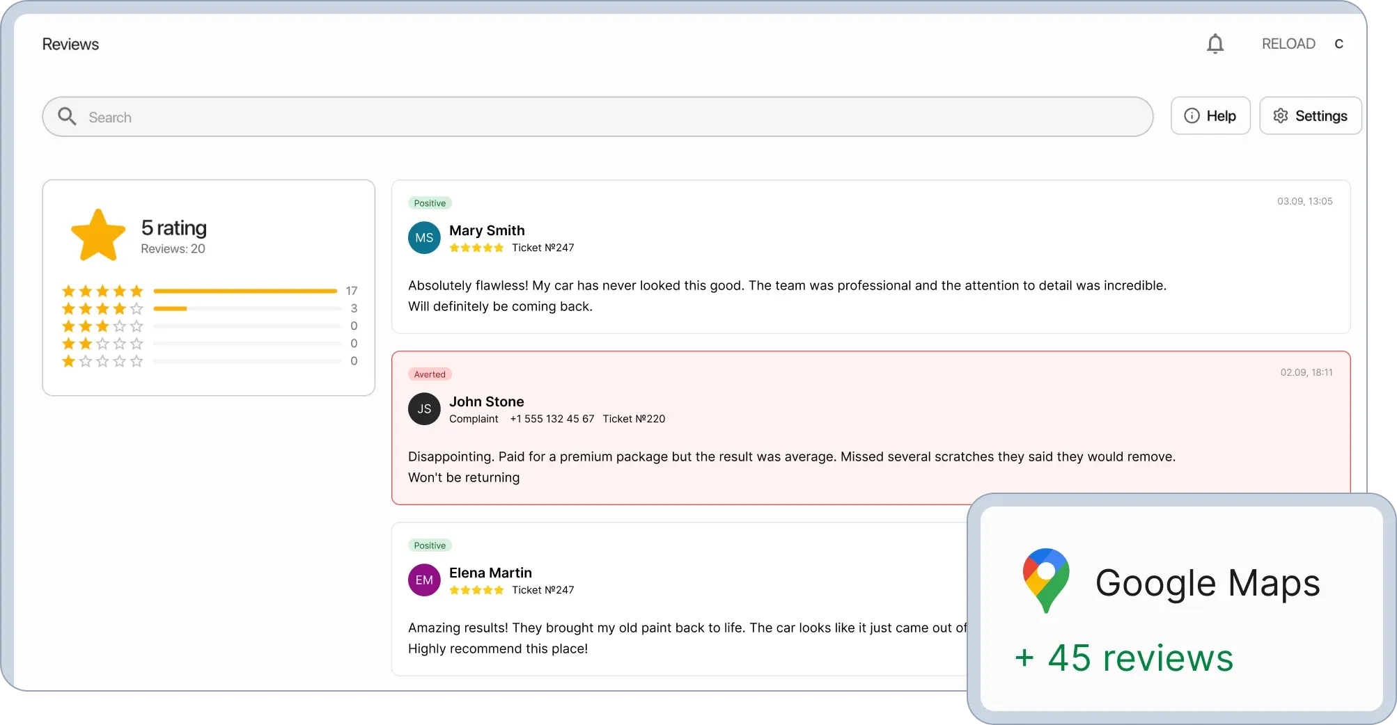 CRM helps collect only positive reviews on Yandex, Google and 2GIS maps. All negative reviews go to the company owner's personal account