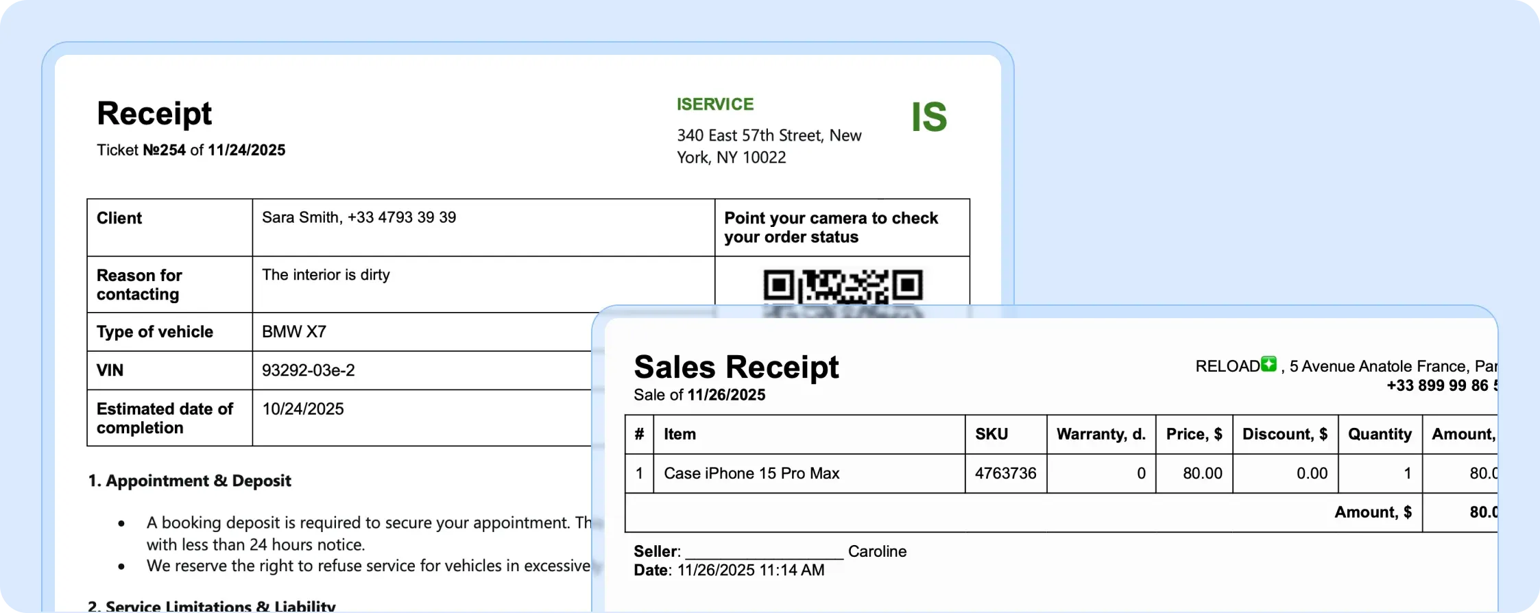 Ready-made templates for receipts, work completion certificates, sales receipts, price tags and labels
