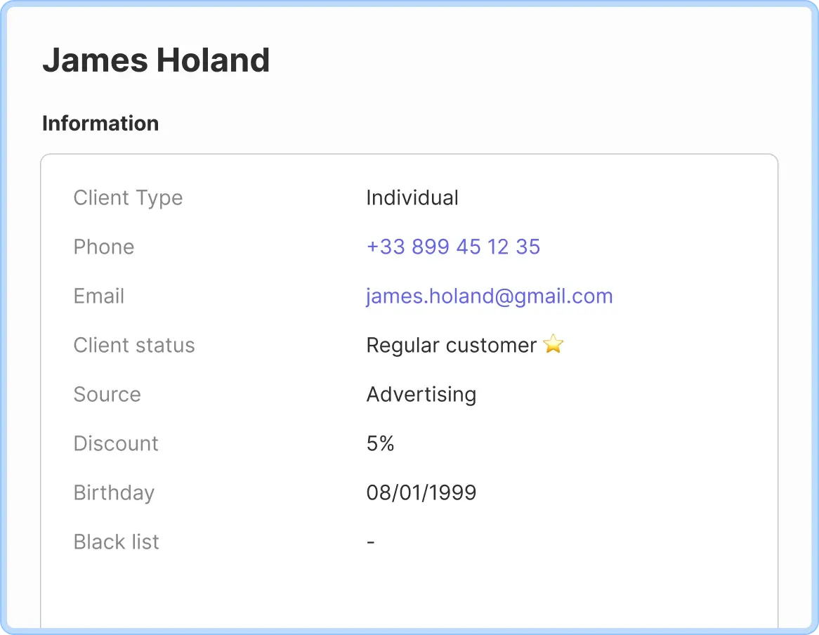 Customer card with all necessary data. Adding custom customer fields in HelloClient CRM