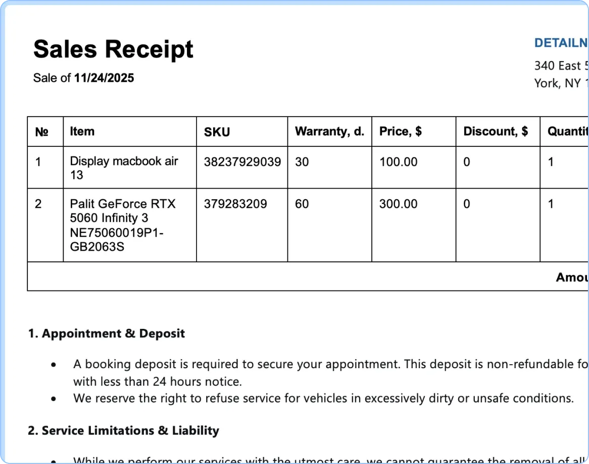 Ready-made receipt templates, service tickets and work completion certificates in HelloClient CRM