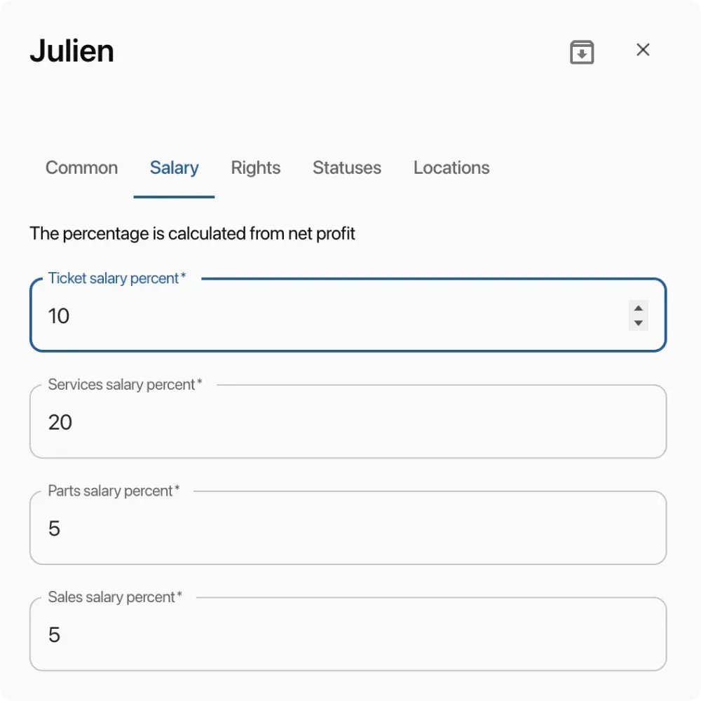Automatic salary calculation for employees for goods and services in orders and sales