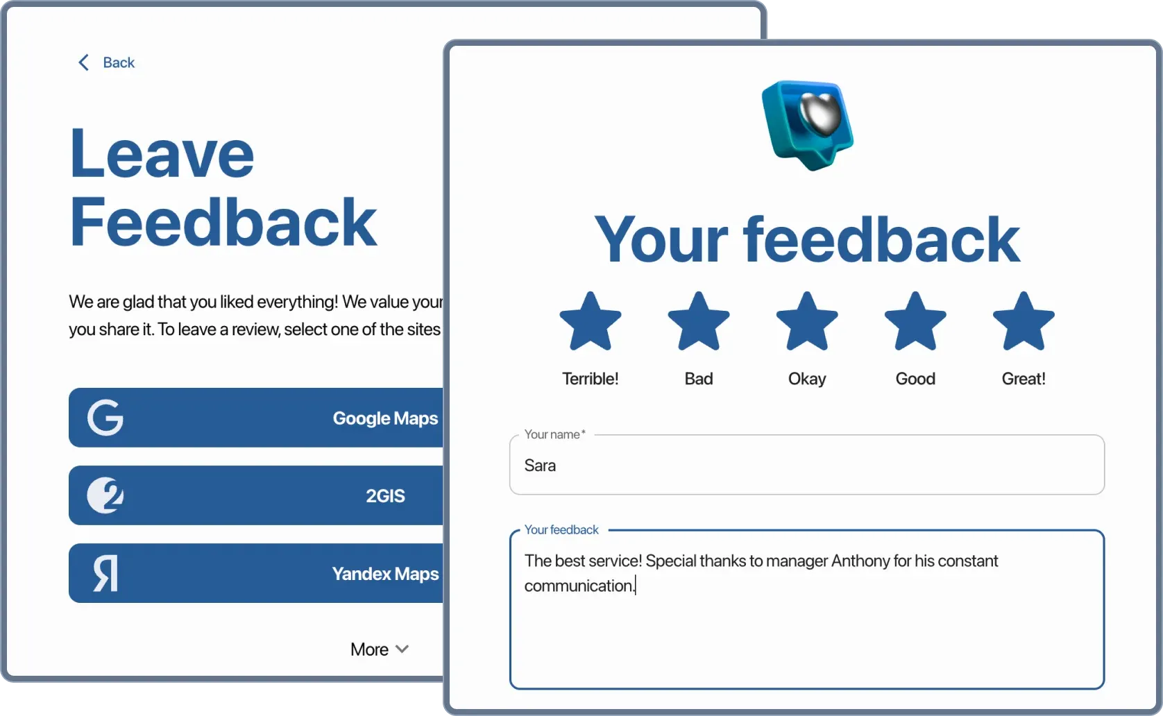 Review collection widget that intercepts negative reviews and sends positive ones to Yandex, Google, and 2GIS maps