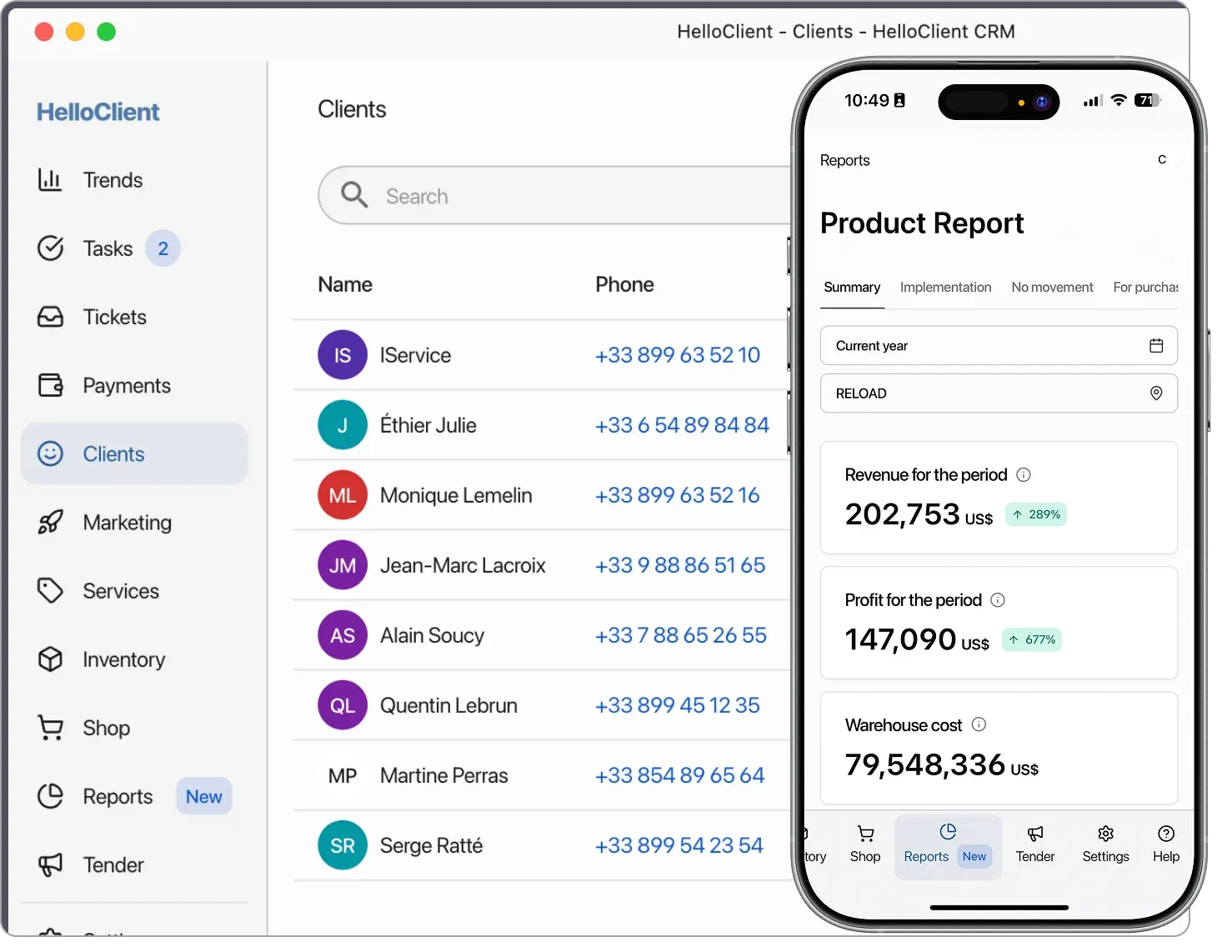HelloClient application for smartphones and PCs