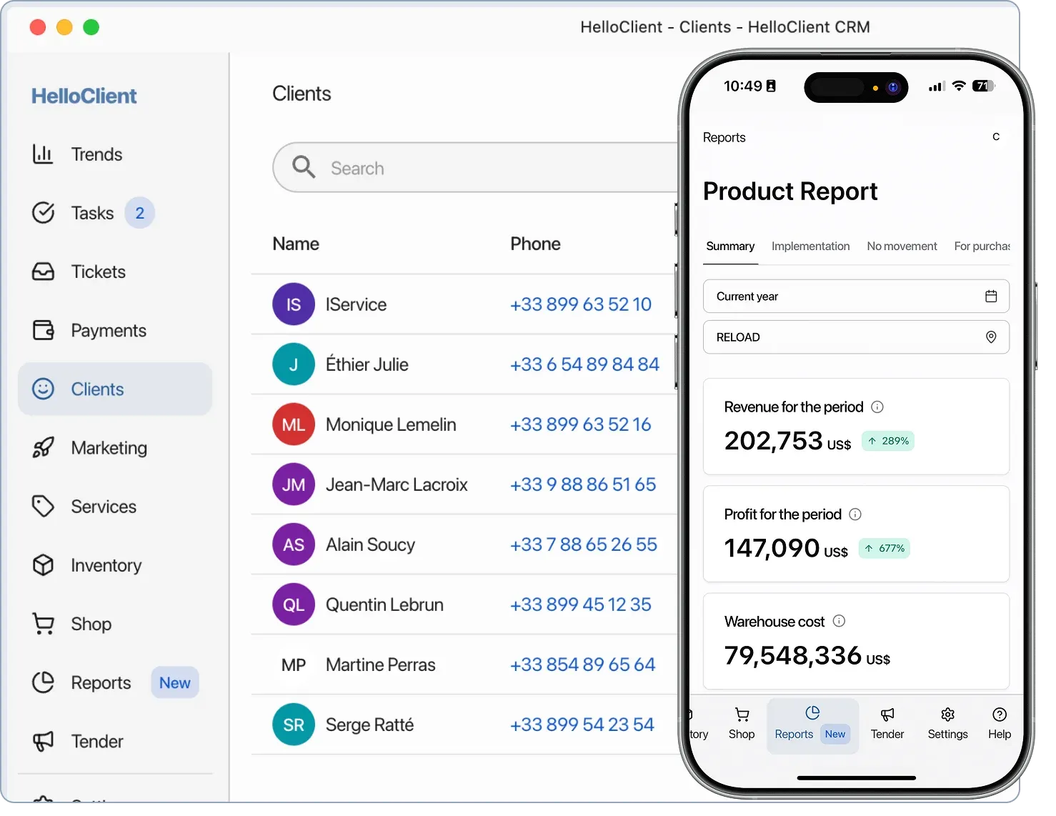 HelloClient application for smartphones and PCs