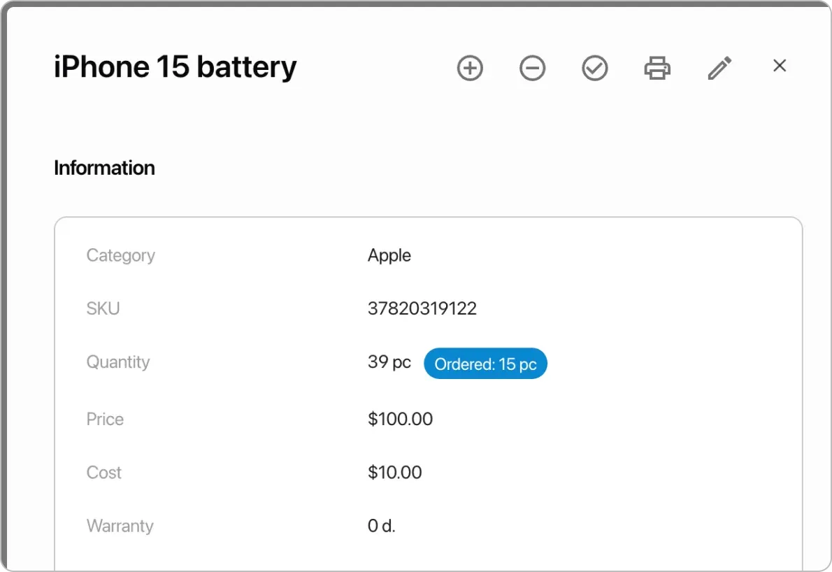 Product card in HelloClient CRM: SKU, quantity, price, cost, movement history. Supplier database and purchase orders