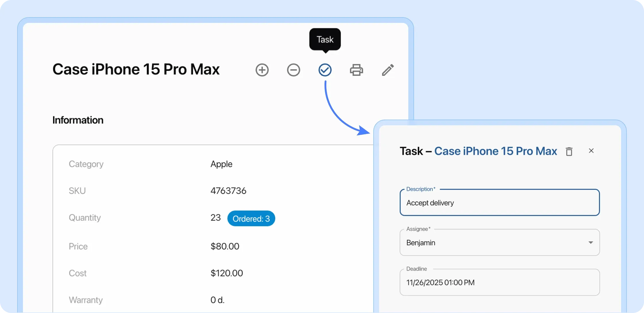 Creating tasks for employees from product cards in HelloClient CRM