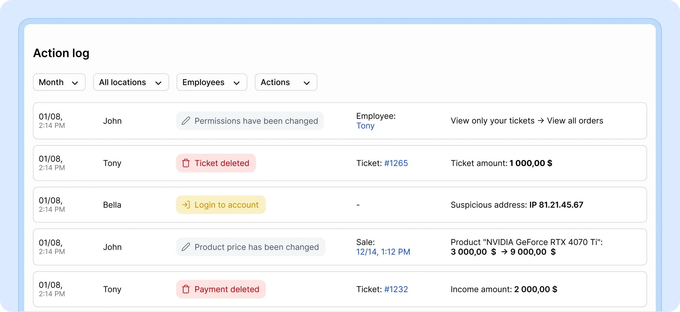 Employee Activity Log in HelloClient CRM. Complete control over order and sales deletions, changes to prices and discounts for goods and services. Employee system login history with IP addresses.