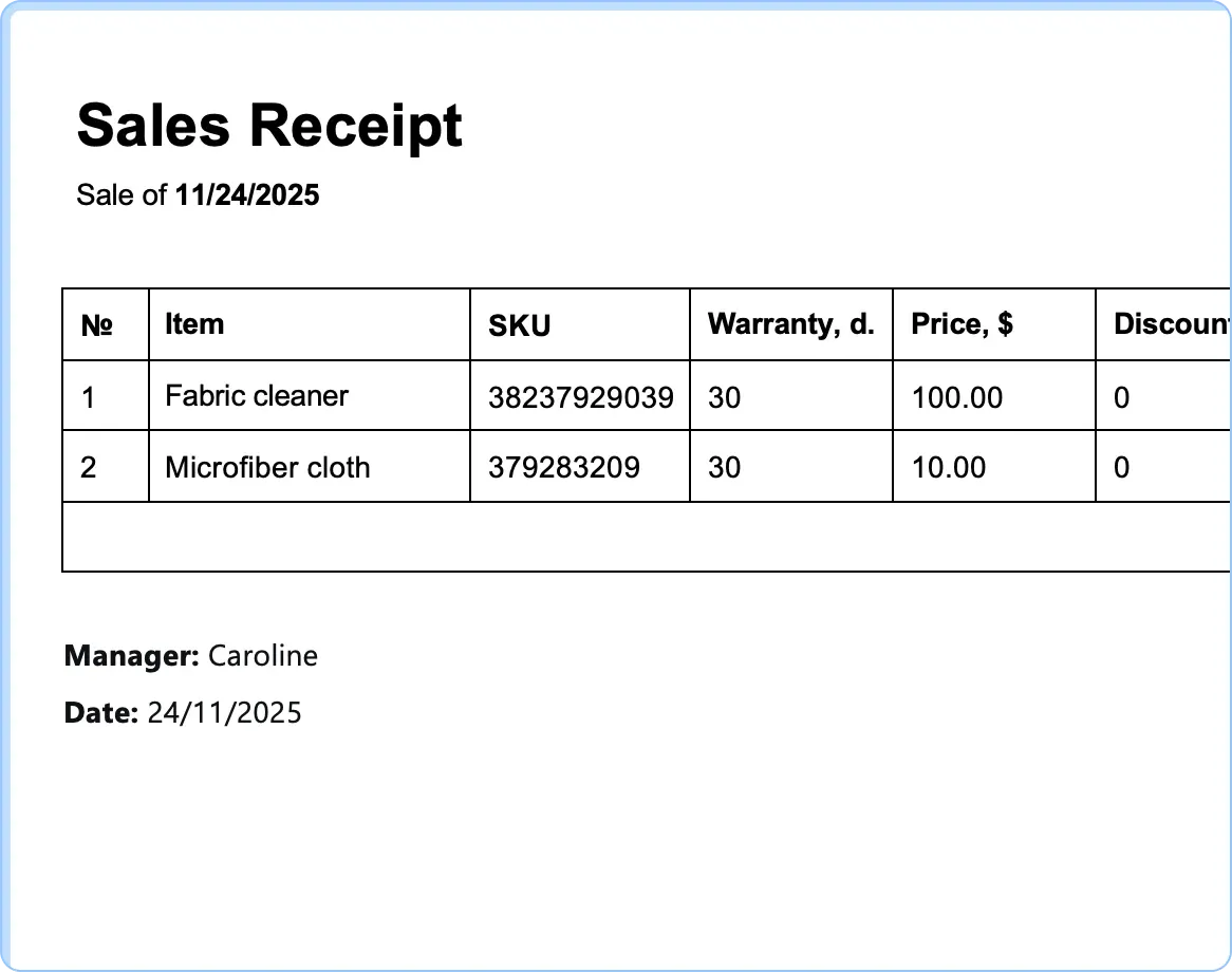 Ready-made receipt templates, acceptance certificates and work completion certificates in HelloClient CRM