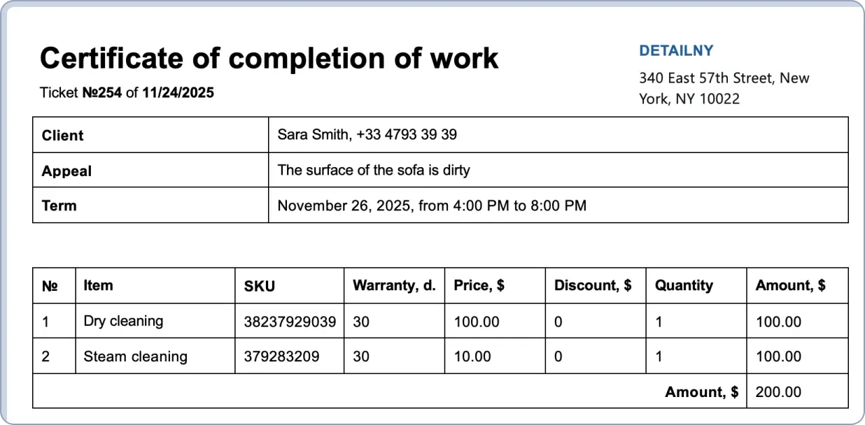 Ready receipt template in HelloClient CRM