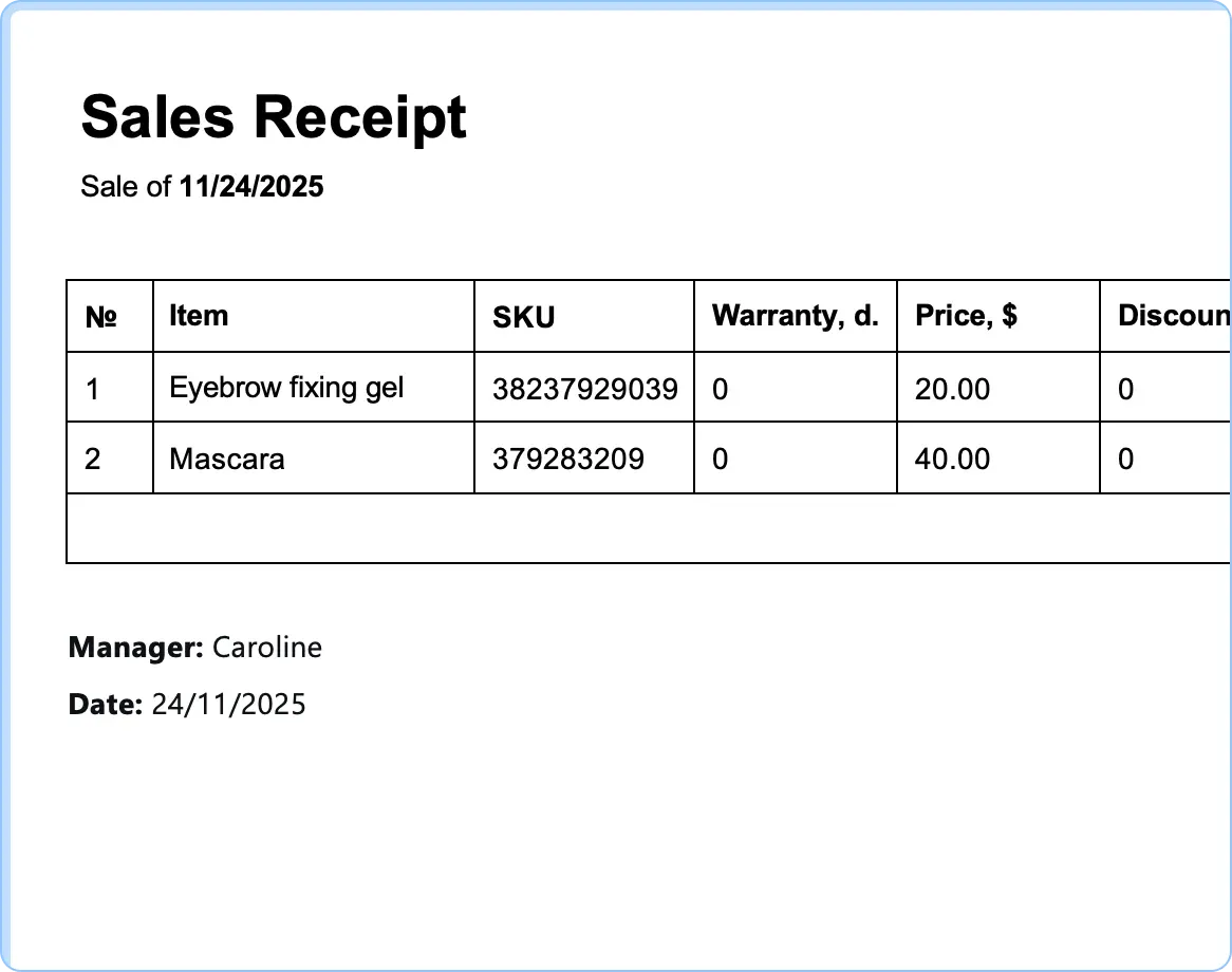 Ready-made templates for receipts, service invoices and work completion certificates in HelloClient CRM