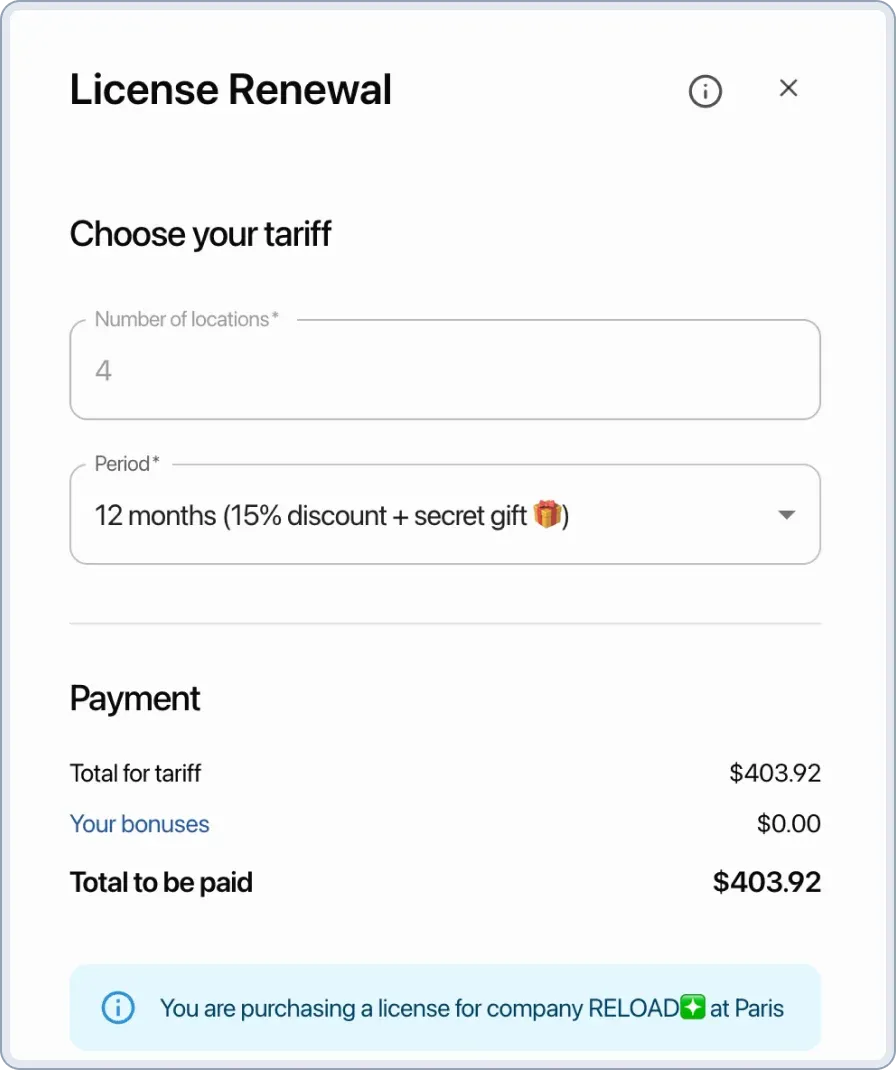 License payment in HelloClient
