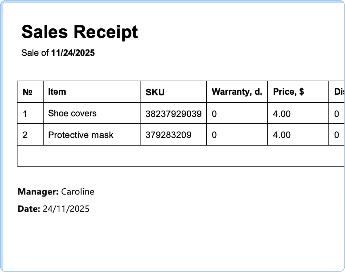 Ready-made templates for receipts, intake forms and work completion certificates in CRM HelloClient