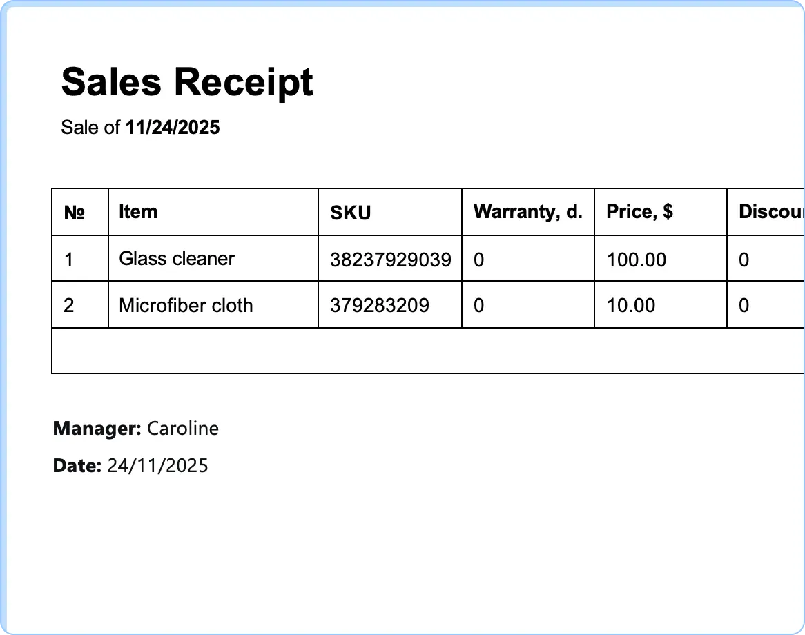 Ready-made receipt templates, service tickets and work completion certificates in CRM HelloClient