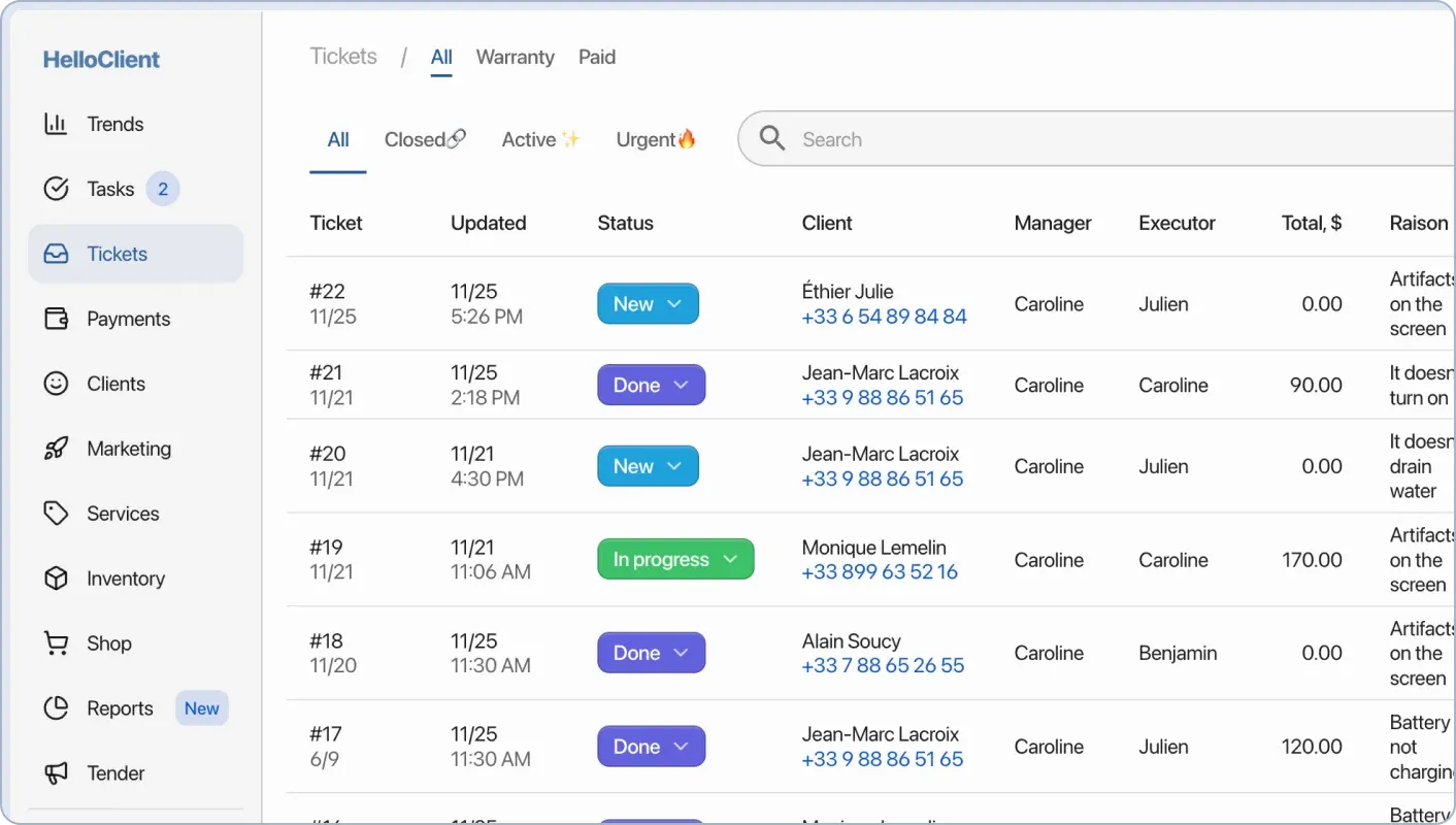 Order management in CRM: order statuses and sorting options