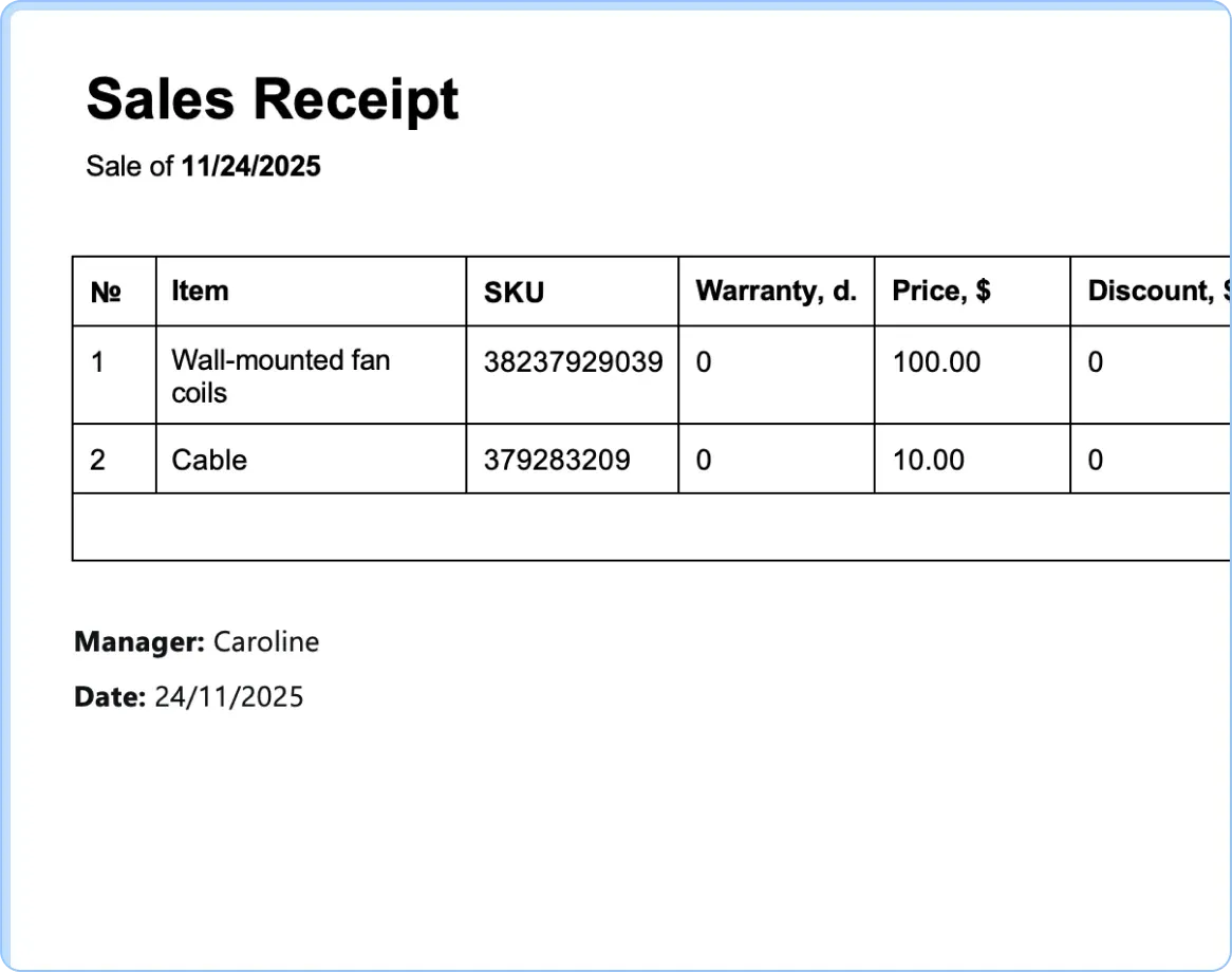 Ready-made templates for receipts, service tickets, and work completion certificates in HelloClient CRM