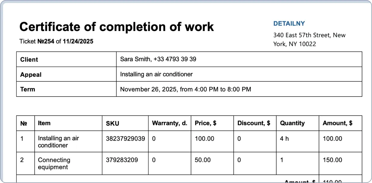 Ready-made service ticket template in HelloClient CRM