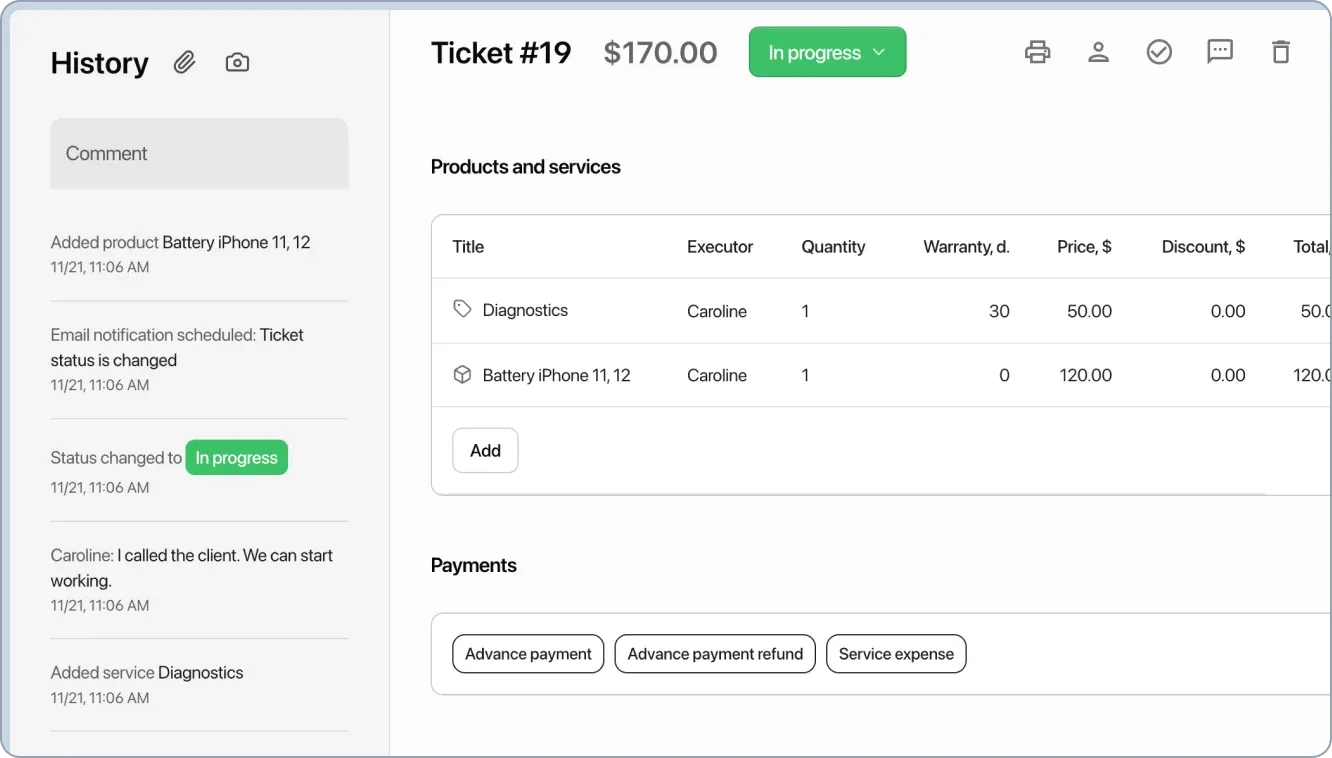 Order card with all order and customer information. Order history: status changes, payments, comments