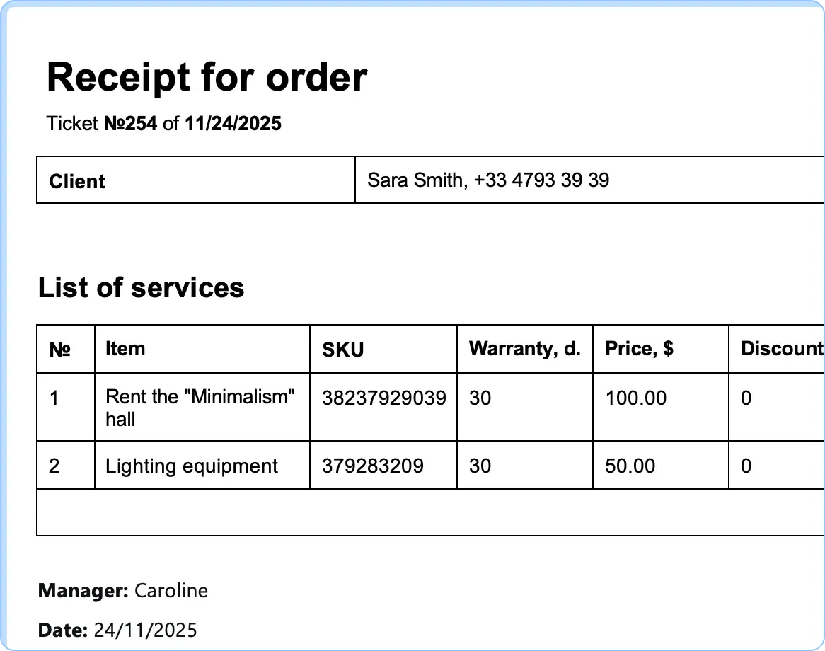 Ready-made receipt templates, service receipts and work completion certificates in CRM HelloClient