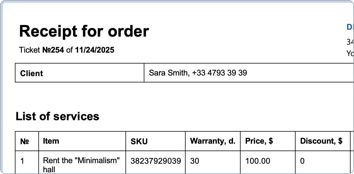 Ready-made service receipt template in CRM HelloClient