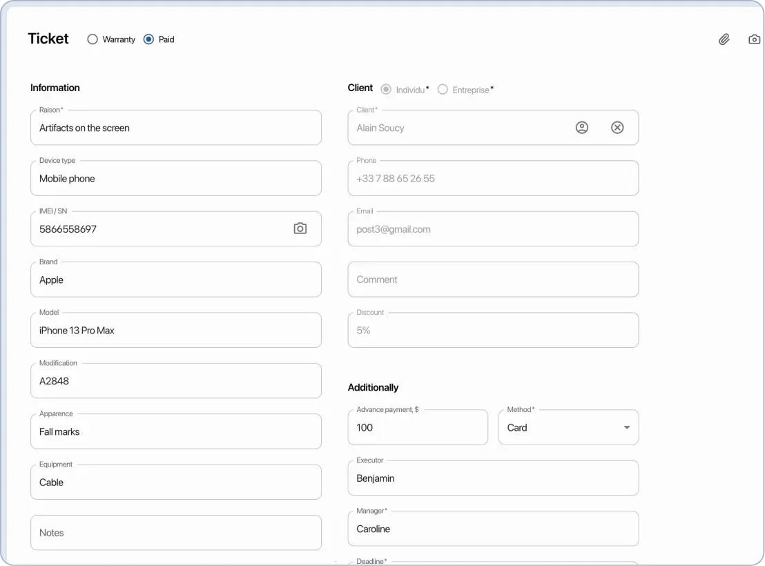 Order form in CRM: complete device customer data and contact information for service center