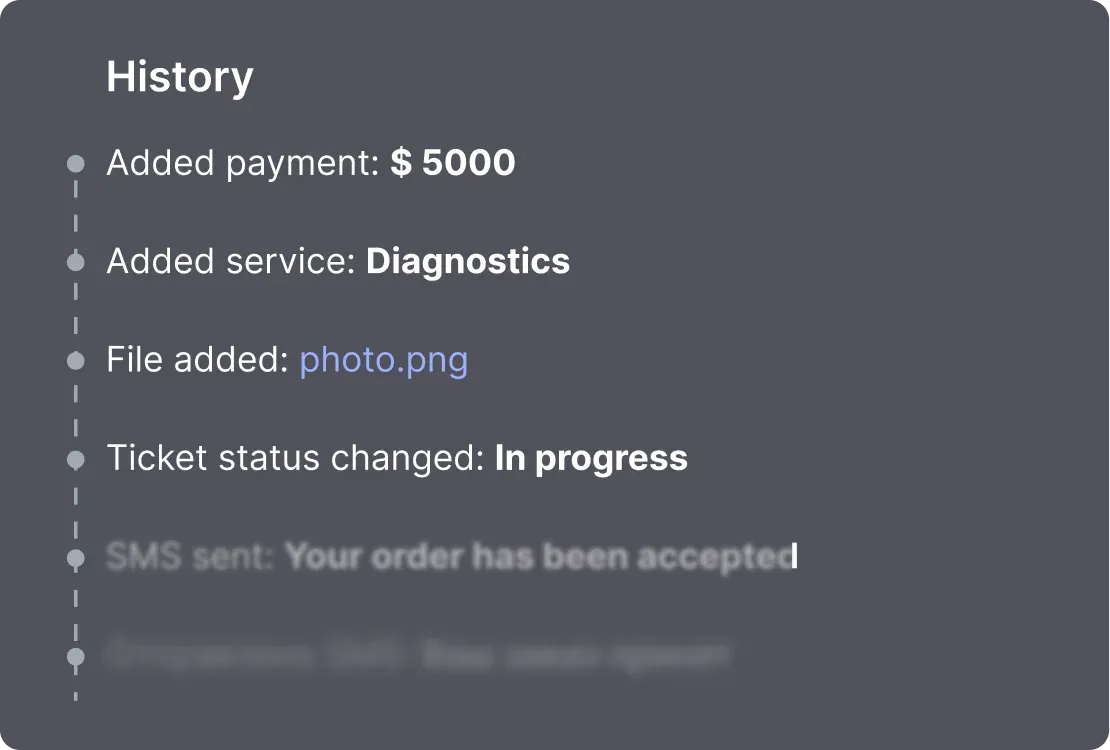 Complete order history in CRM: tracking statuses, payments, files, goods and comments in real time