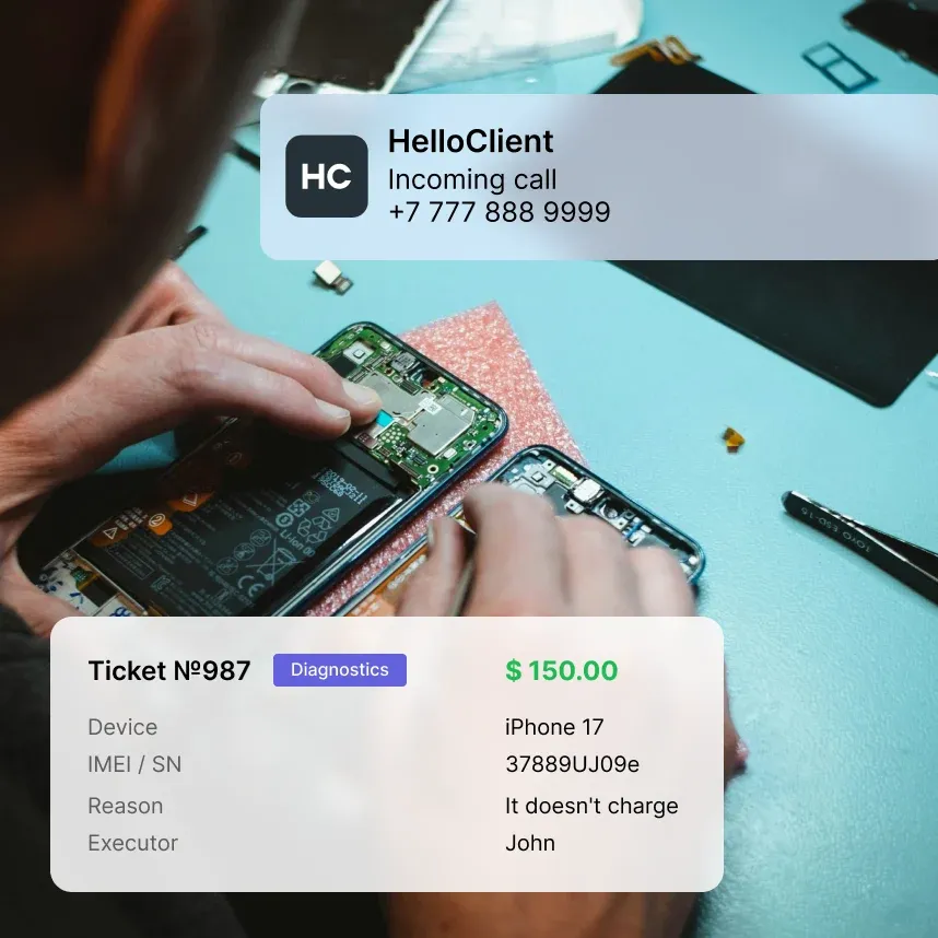 Phone repair order form in CRM: device intake, diagnostics, cost calculation for service center