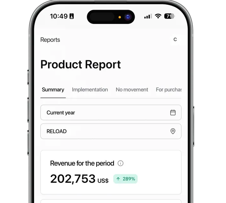 CRM reports with clear charts and tables. Comparison with previous periods. Select any time range.