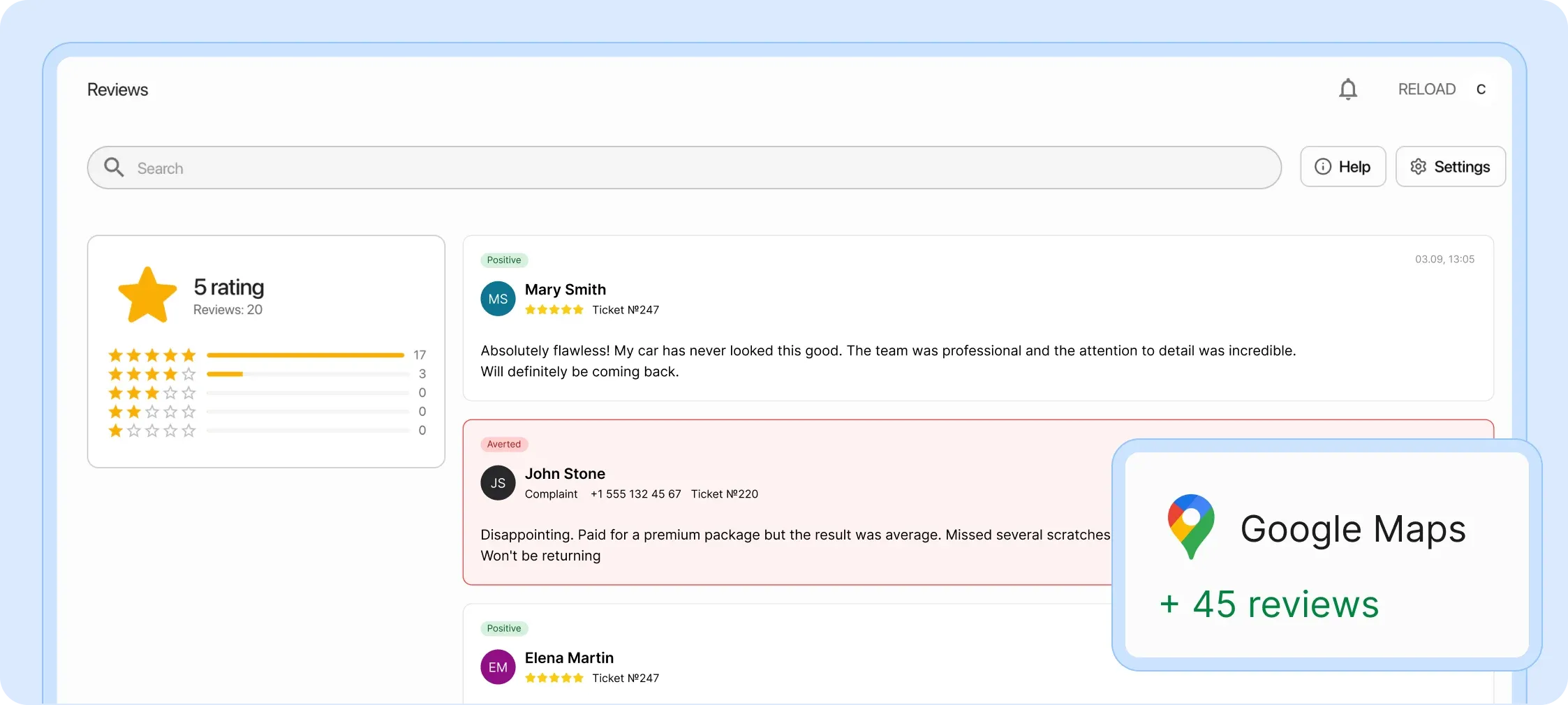 HelloClient helps collect positive reviews on Yandex, 2GIS and Google maps. Negative reviews go to your personal account