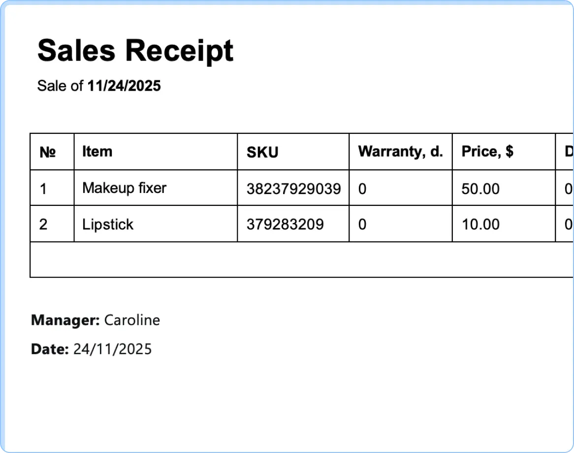 Ready-made templates for receipts, service tickets and work completion certificates in CRM HelloClient