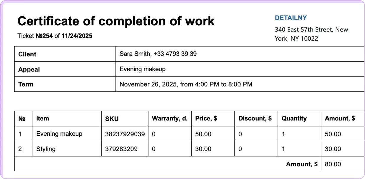 Ready-made service receipt template in CRM HelloClient