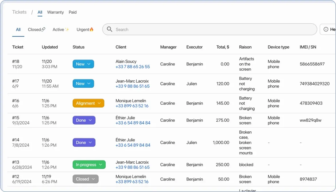 General orders table in CRM for service businesses: statuses, order types and personal filters for management