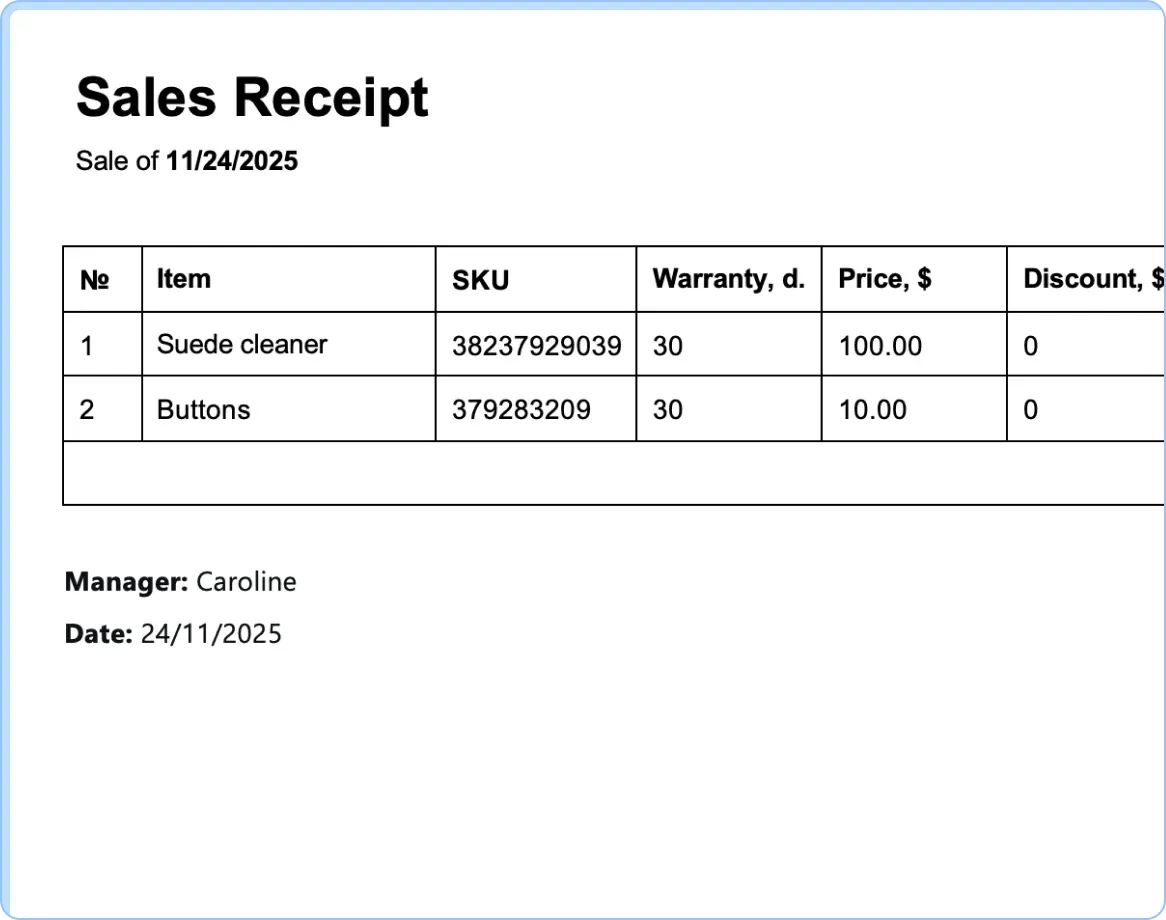 Ready-made templates for receipts, service tickets and work completion certificates in HelloClient CRM