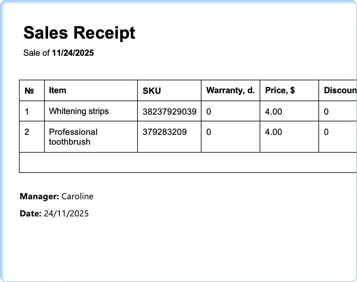 Ready-made templates for receipts, service invoices and work completion certificates in HelloClient CRM