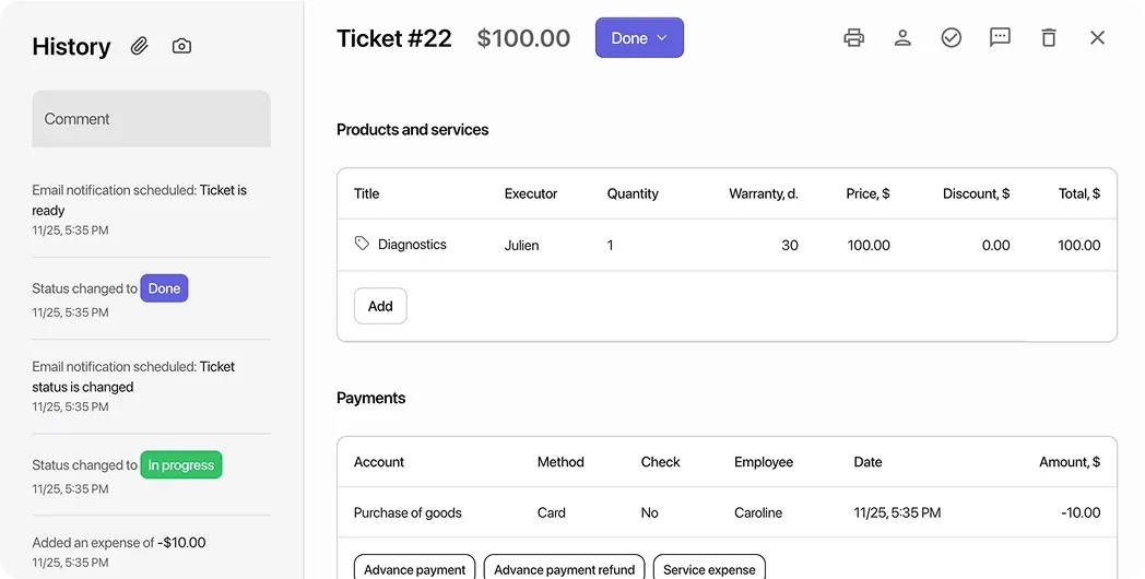 Employee action history for each order. Adding products and services, files, payments, status changes