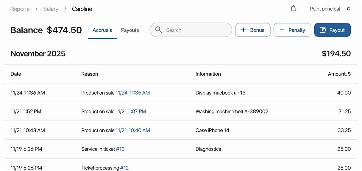 Employee salary report. Accruals and payments by month. Automatic salary calculation