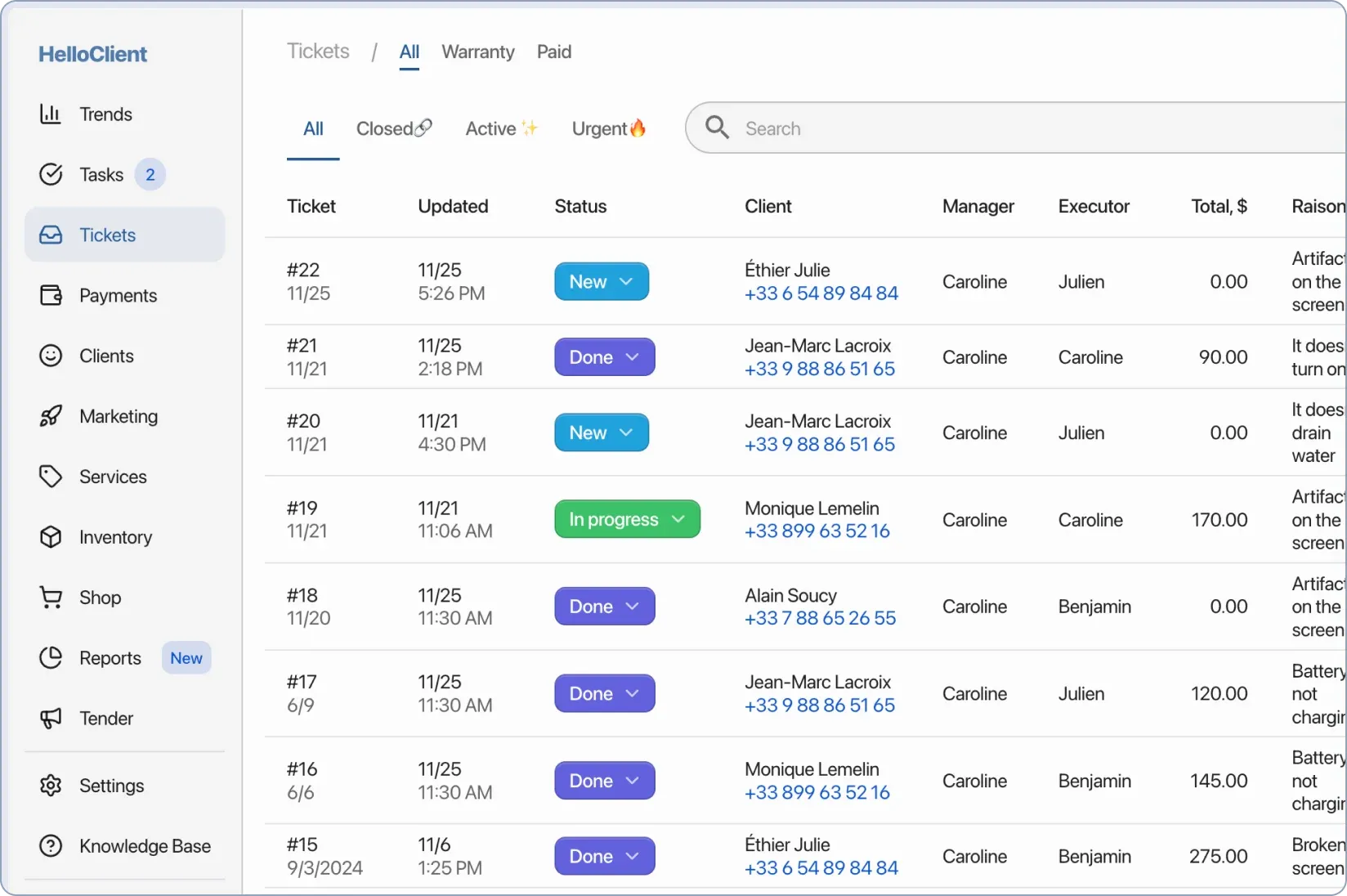 Order management in HelloClient CRM