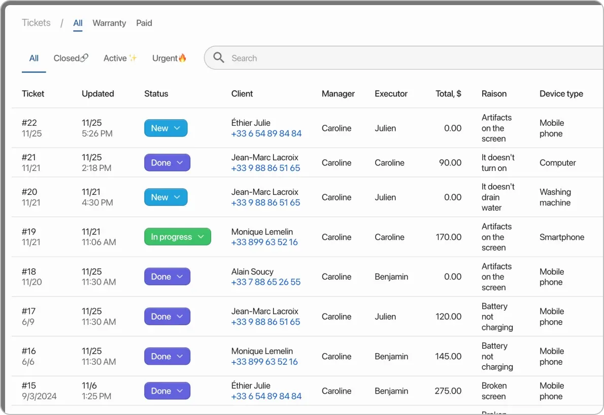 Order form in CRM: complete device details and contact information for service centers